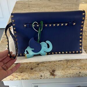 Valentino Navy Leather Rockstud Wristlet with Aqua Elephant Charm
